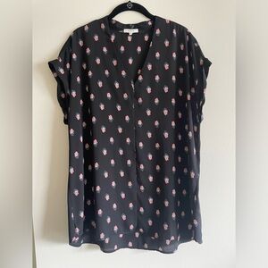 Pleione Womens Printed Cap Sleeve V-Neck Top Black & Pink Print Sz L